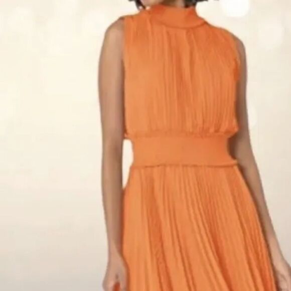 Nanette Lepore Smocked High Neck Pleated Dress in Vivid Coral.Size 12 - Picture 3 of 15